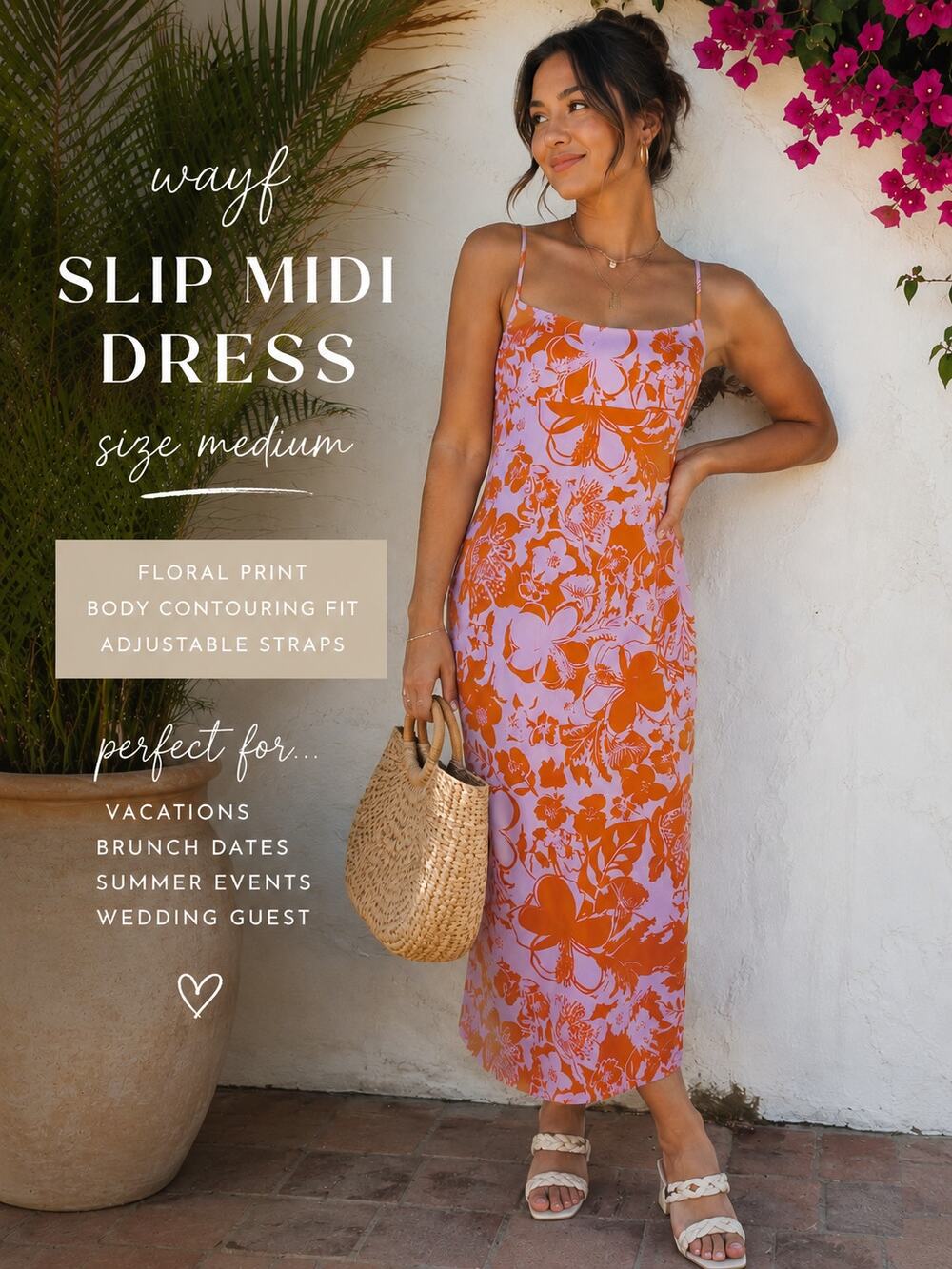 WAYF Slip Midi Dress Medium Lavender Orange Floral Sheath Y2K Tropical Vacation